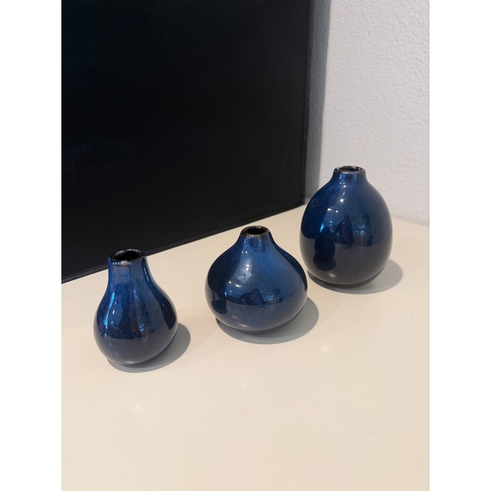Set of 3 different sizes Cobalt Blue Ceramic Bud Vases Glossy Glaze Minimalist